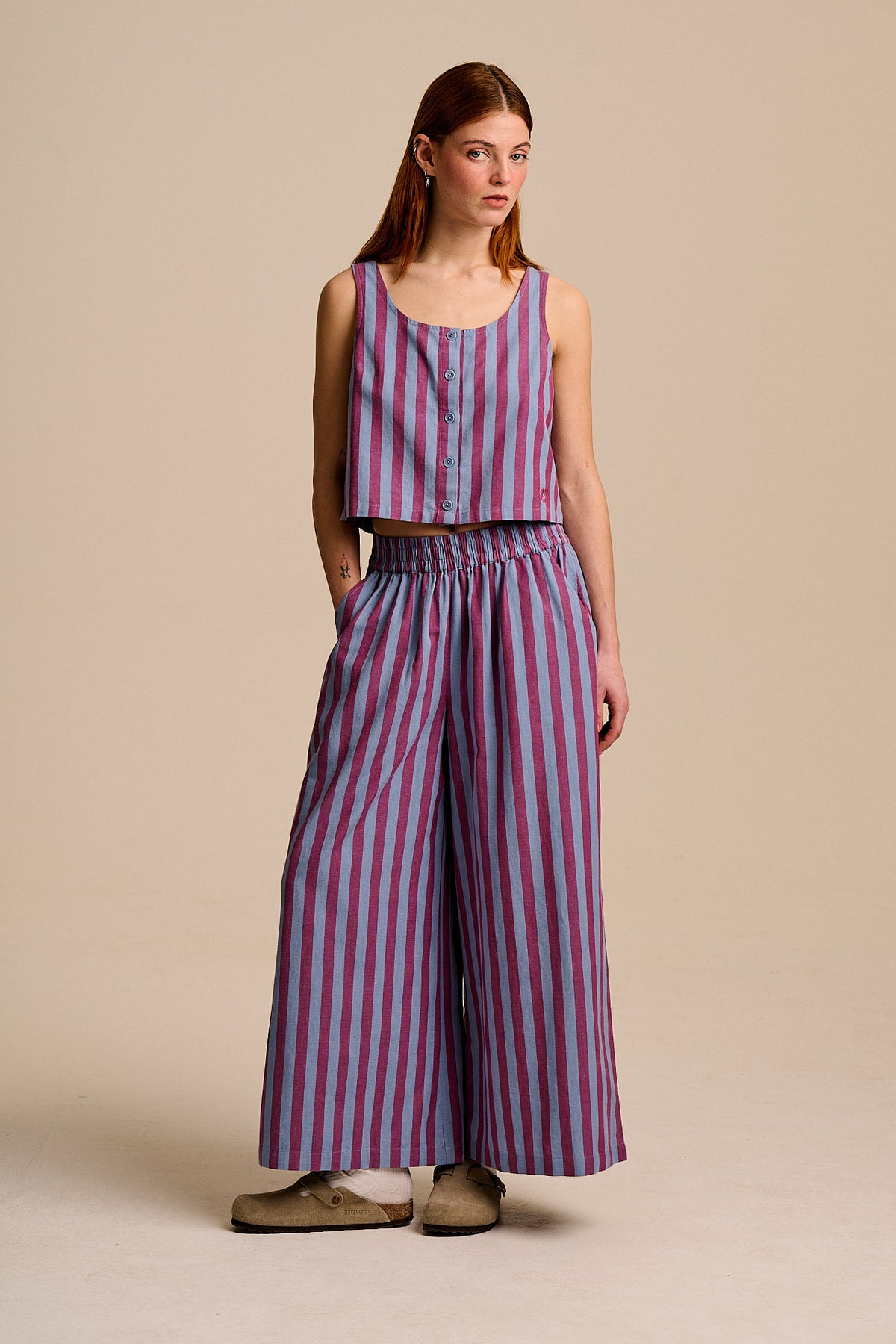 Maddie Cotton & Linen Trousers Burgundy & Stripe