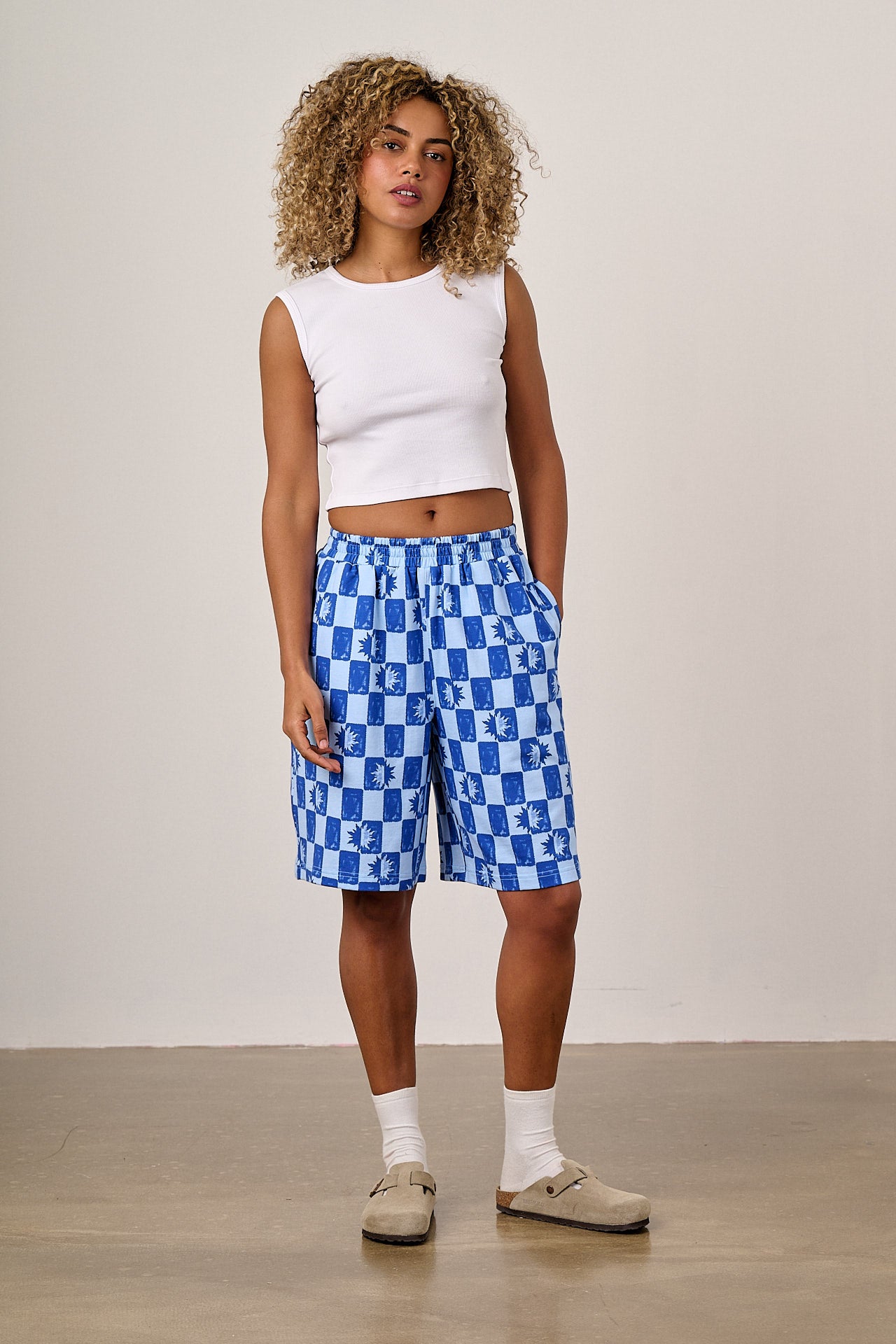 Madero - Cotton Jersey Shorts in Blue Checkerboard – Lucy & Yak