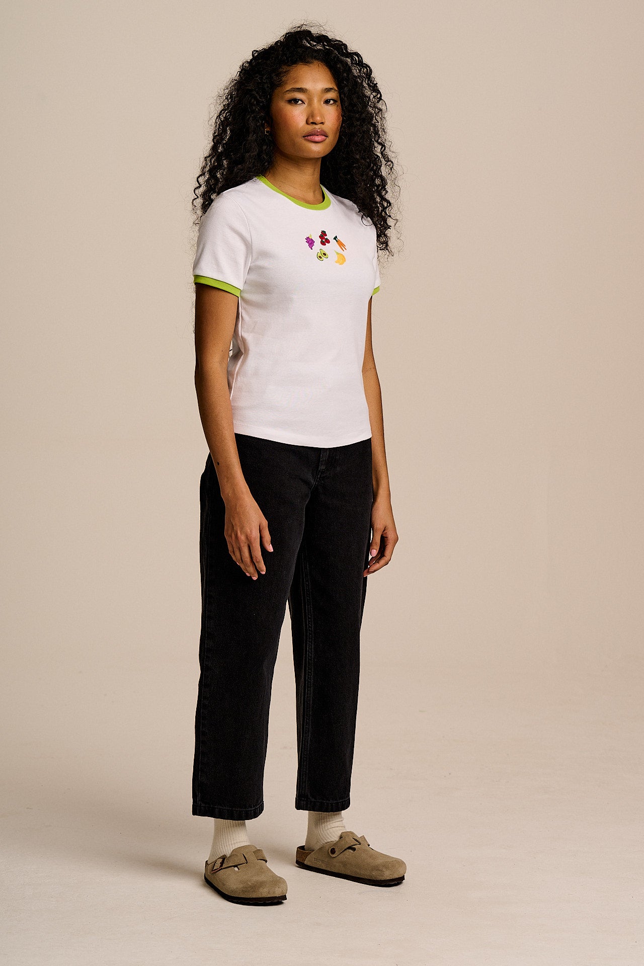 Maya - Cotton T-Shirt in Fruit & Veg Embroidery