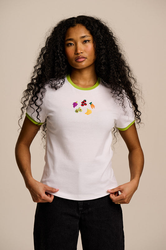 Maya - Cotton T-Shirt in Fruit & Veg Embroidery