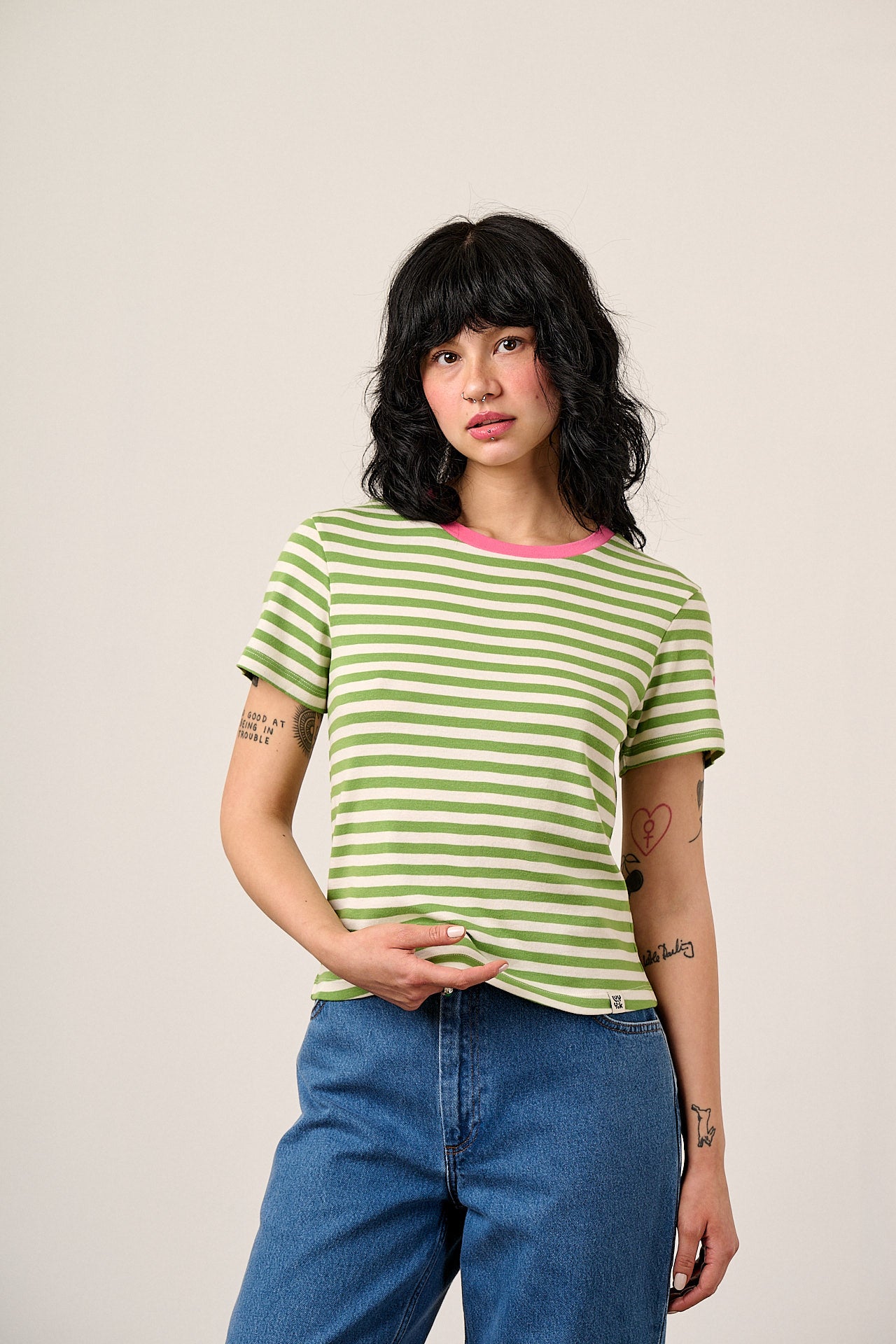 Maya - Cotton T-Shirt in Green Stripe with Flower Embroidery