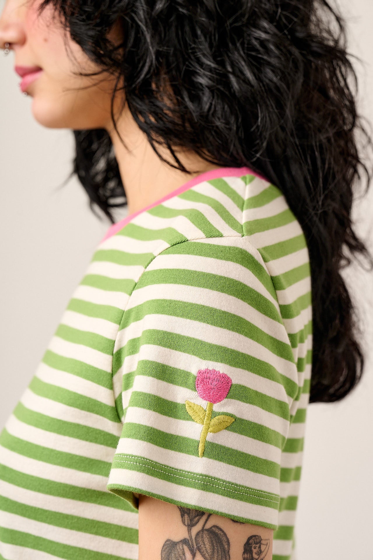 Maya - Cotton T-Shirt in Green Stripe with Flower Embroidery