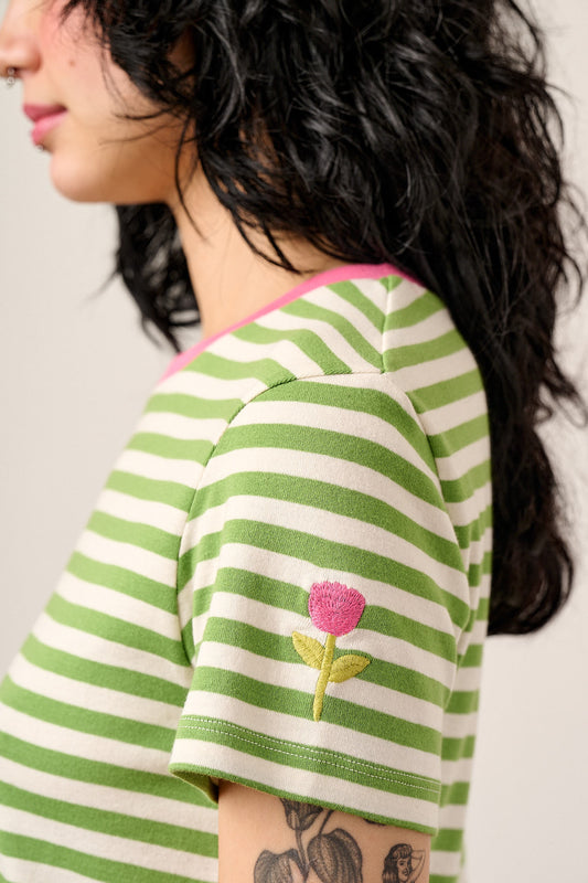 Maya - Cotton T-Shirt in Green Stripe with Flower Embroidery