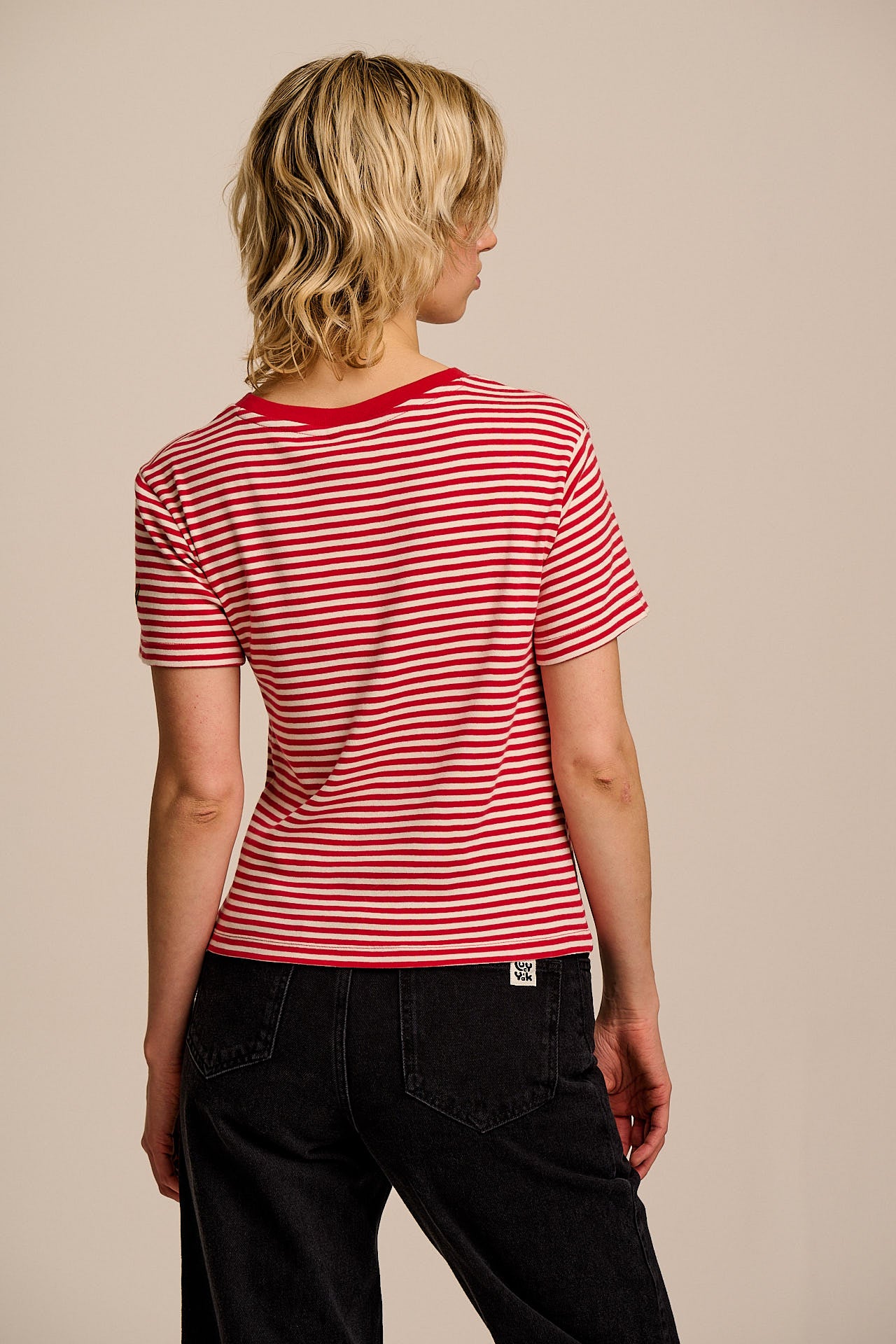 Maya - Cotton T-Shirt in Red & Ecru Stripe with Tulip Embroidery