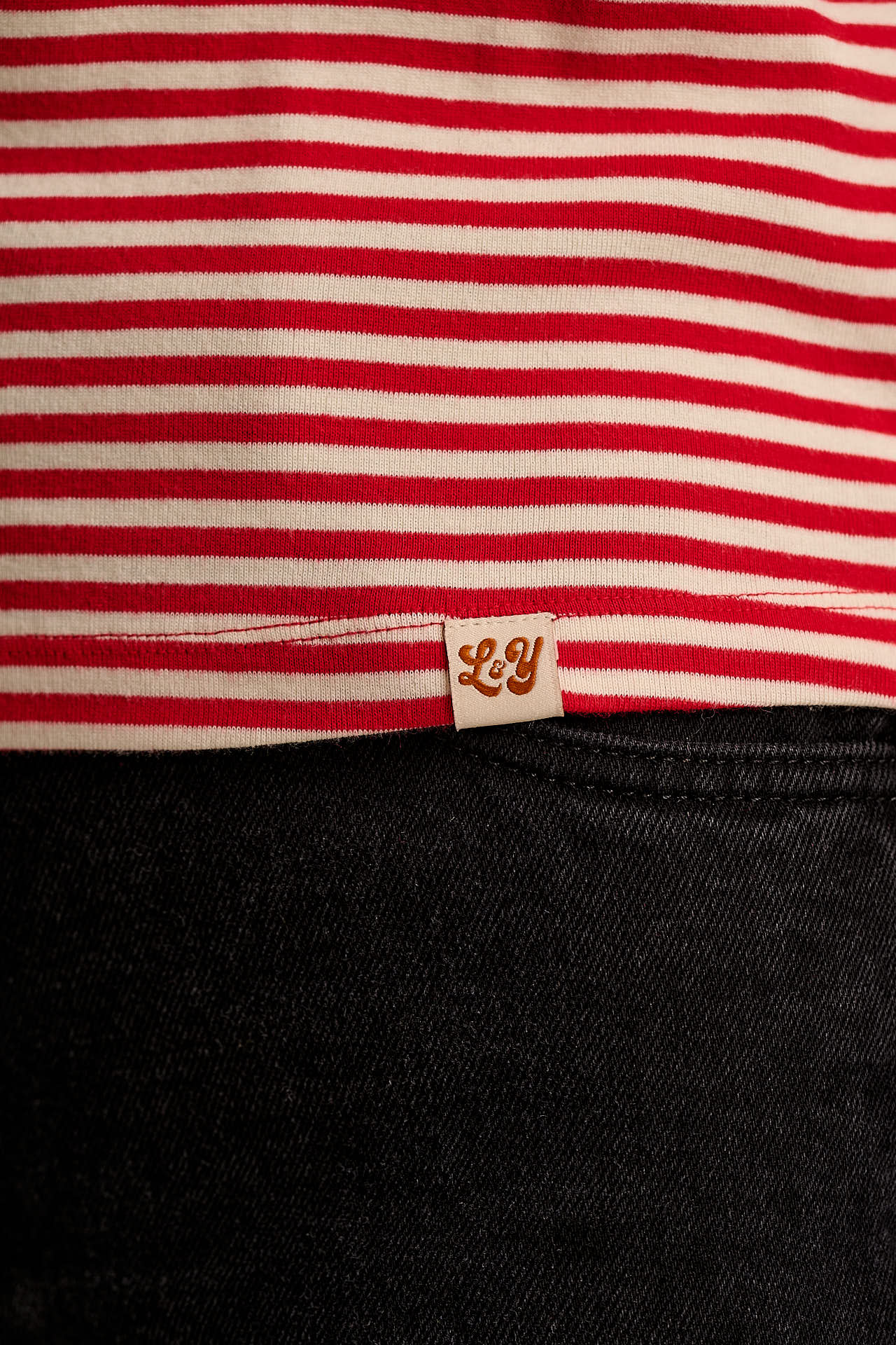 Maya - Cotton T-Shirt in Red & Ecru Stripe with Tulip Embroidery
