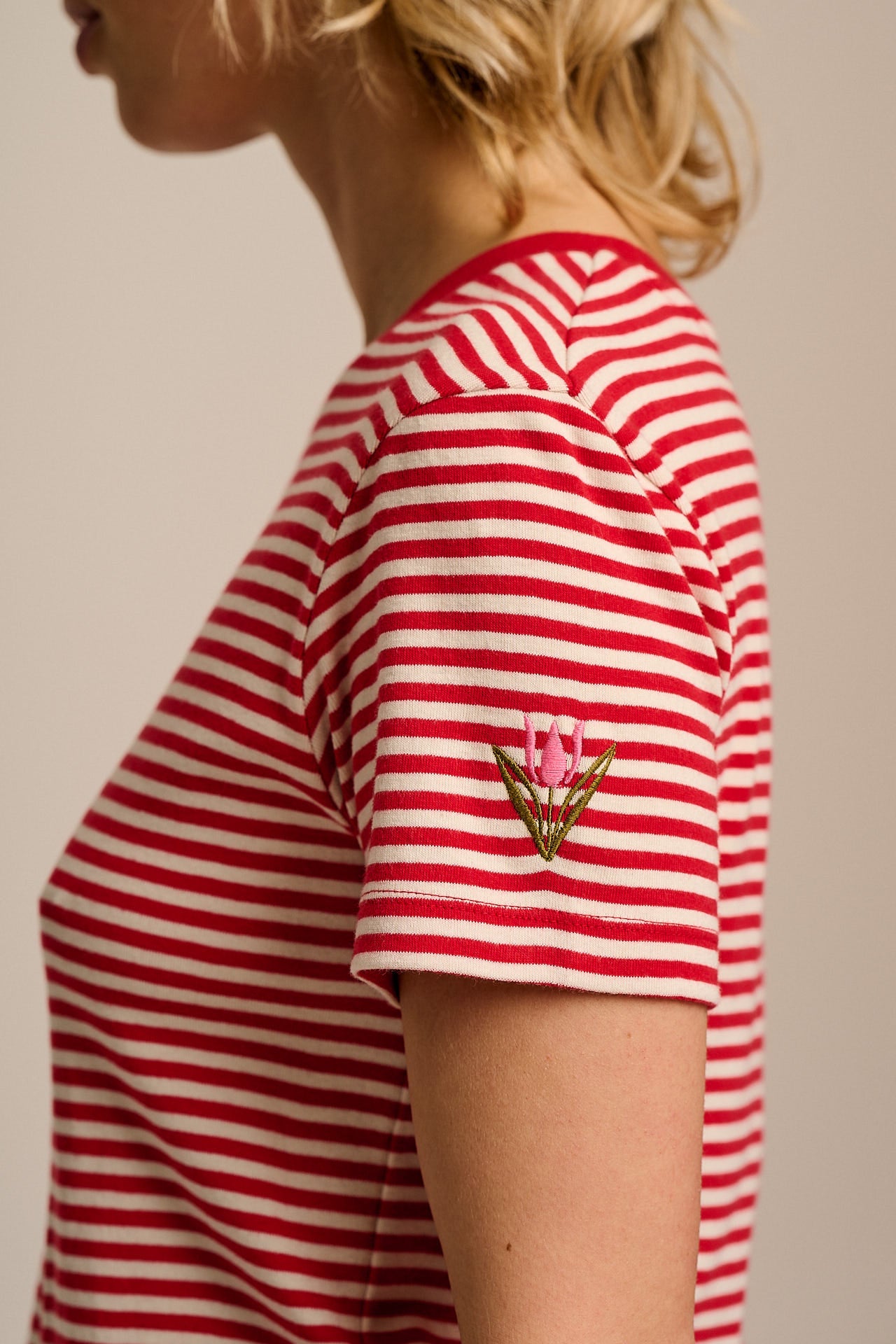 Maya - Cotton T-Shirt in Red & Ecru Stripe with Tulip Embroidery