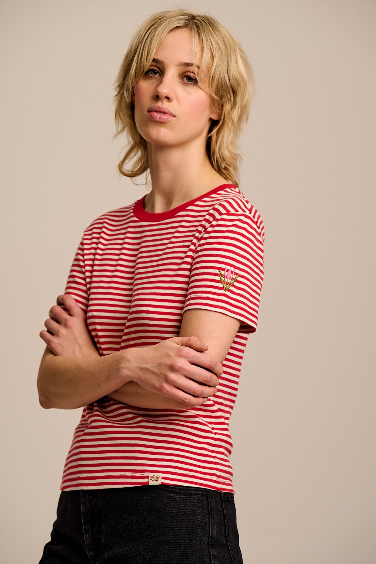 Maya Cotton T Shirt & Ecru Stripe Tulip Embroidery