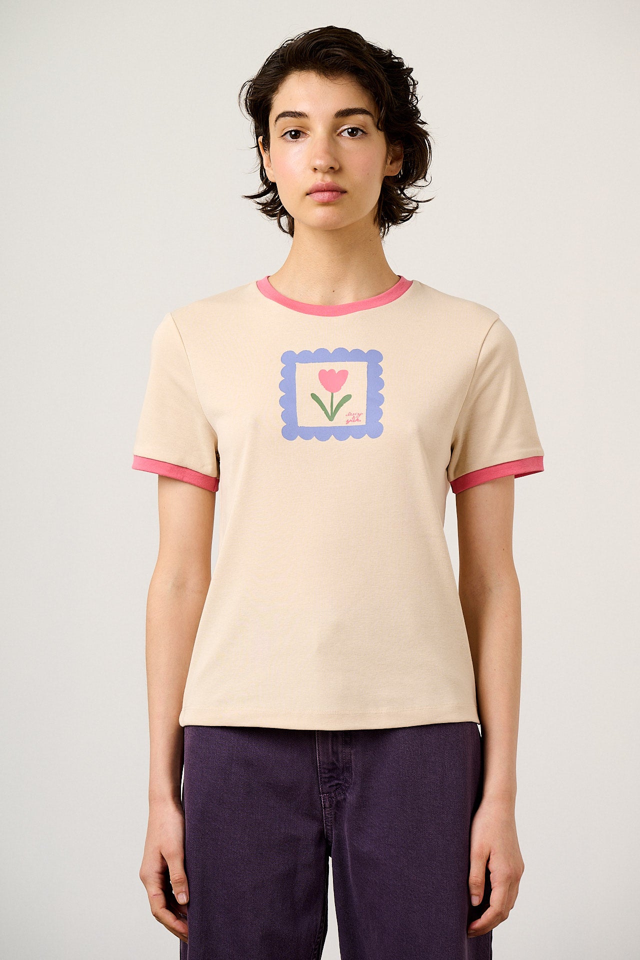 Maya - Cotton T-Shirt in Ecru with Tulip Print