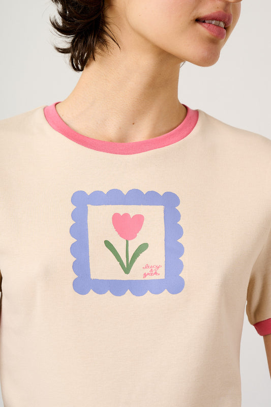 Maya - Cotton T-Shirt in Ecru with Tulip Print