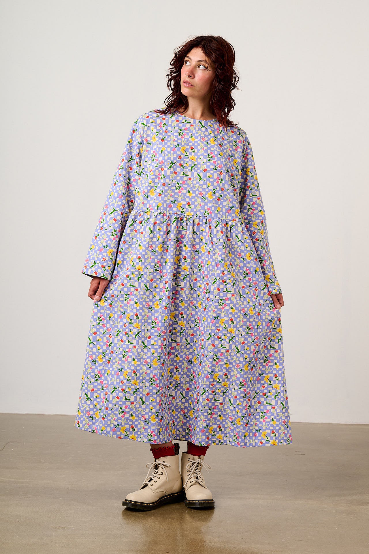 Micah - Cotton Midi Dress in Ditsy Checkerboard Floral