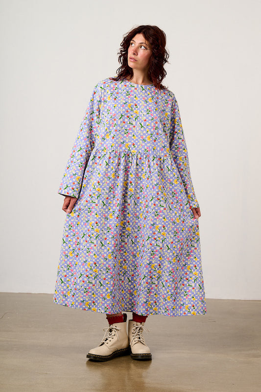 Micah - Cotton Midi Dress in Ditsy Checkerboard Floral