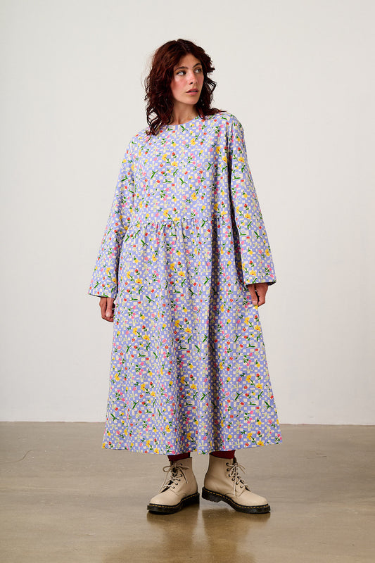 Micah - Cotton Midi Dress in Ditsy Checkerboard Floral