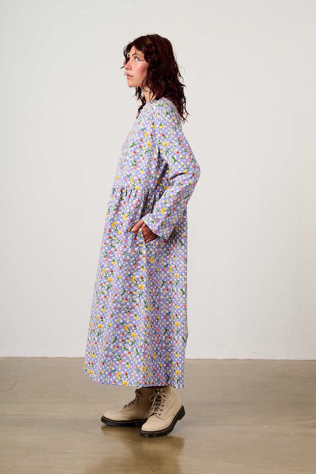 Micah - Cotton Midi Dress in Ditsy Checkerboard Floral