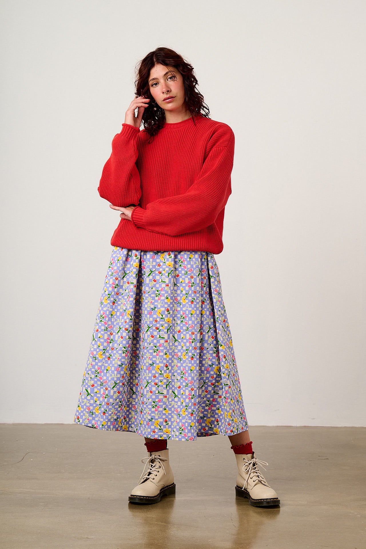 Micah - Cotton Midi Dress in Ditsy Checkerboard Floral