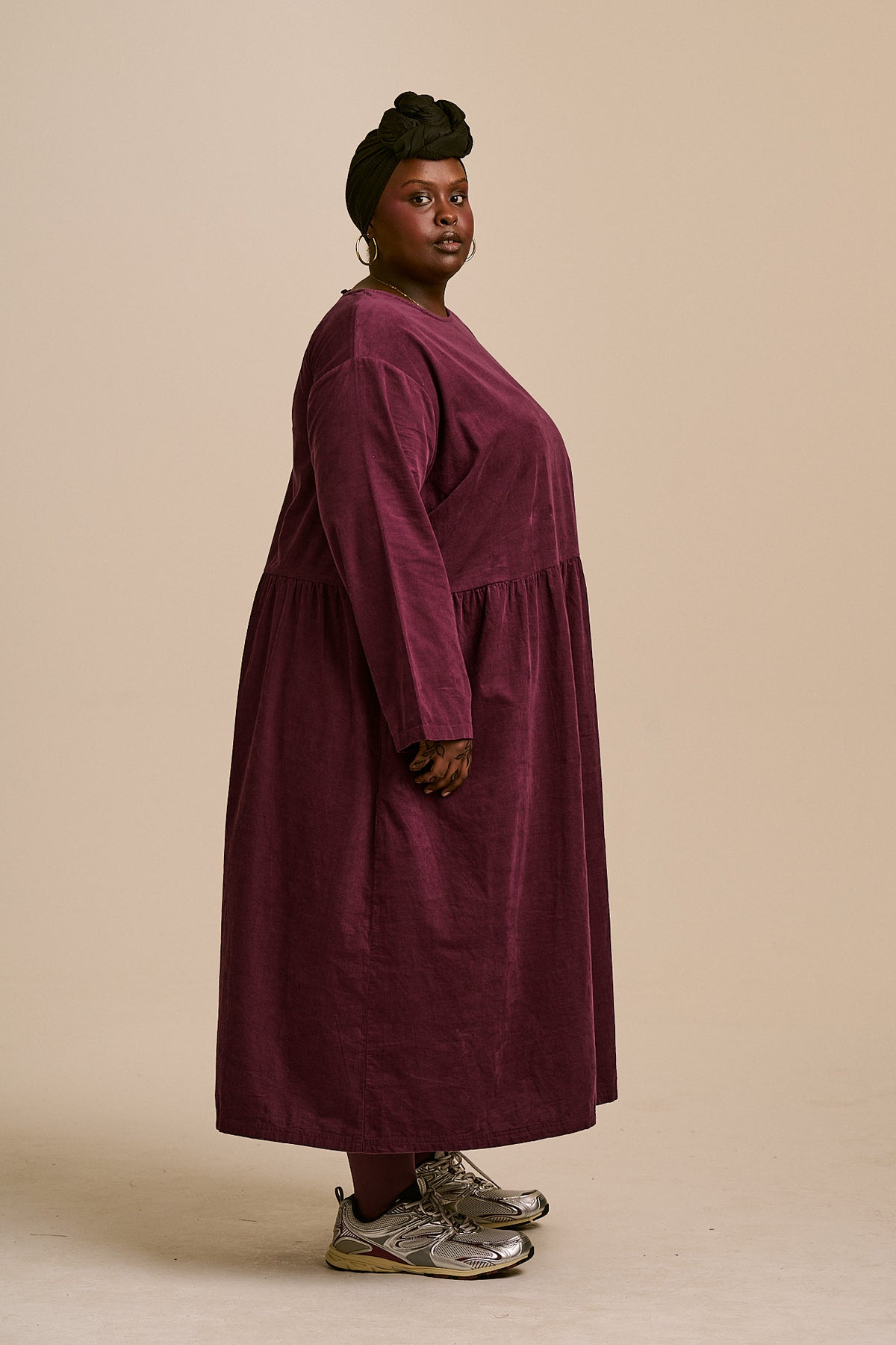 Micah - Organic Corduroy Midi Dress in Grape Wine