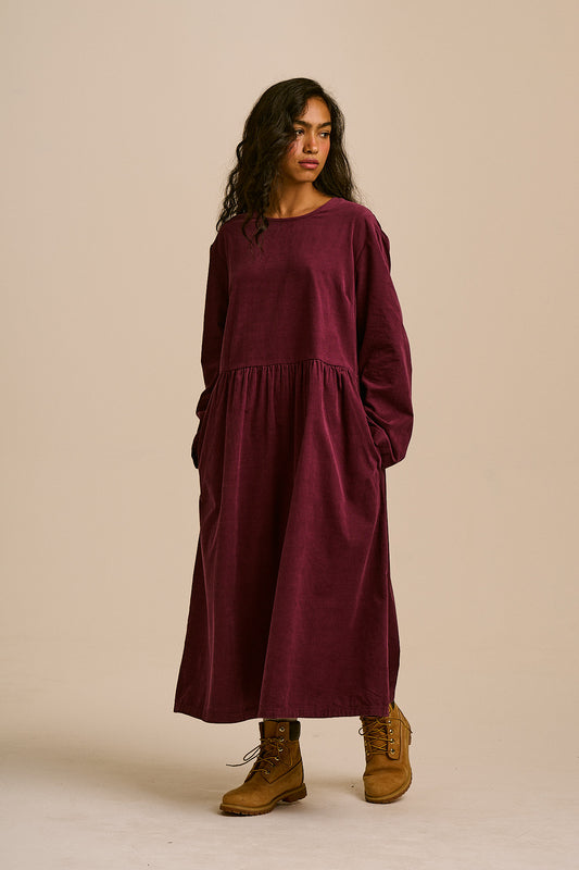 Micah - Organic Corduroy Midi Dress in Grape Wine