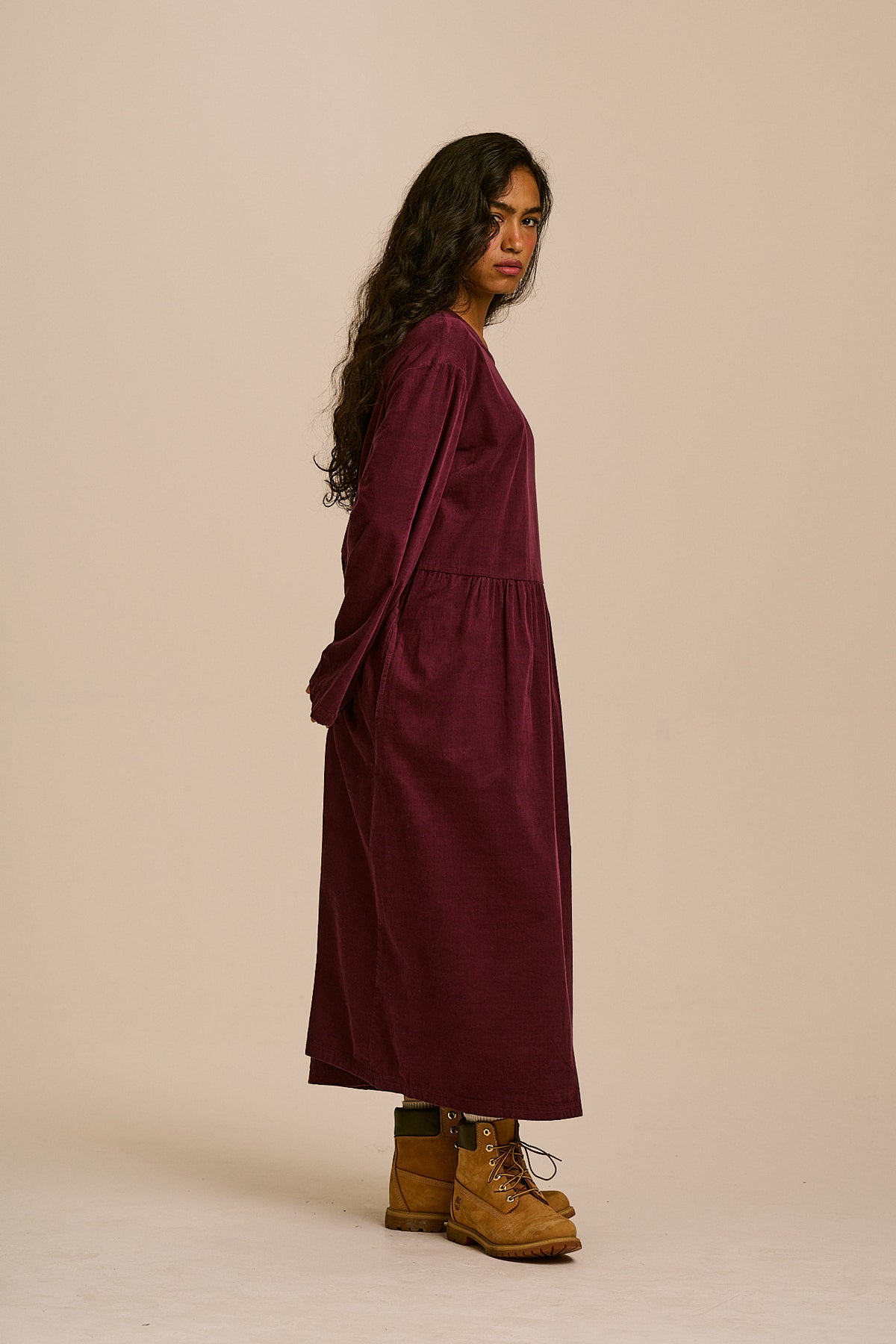 Micah - Organic Corduroy Midi Dress in Grape Wine