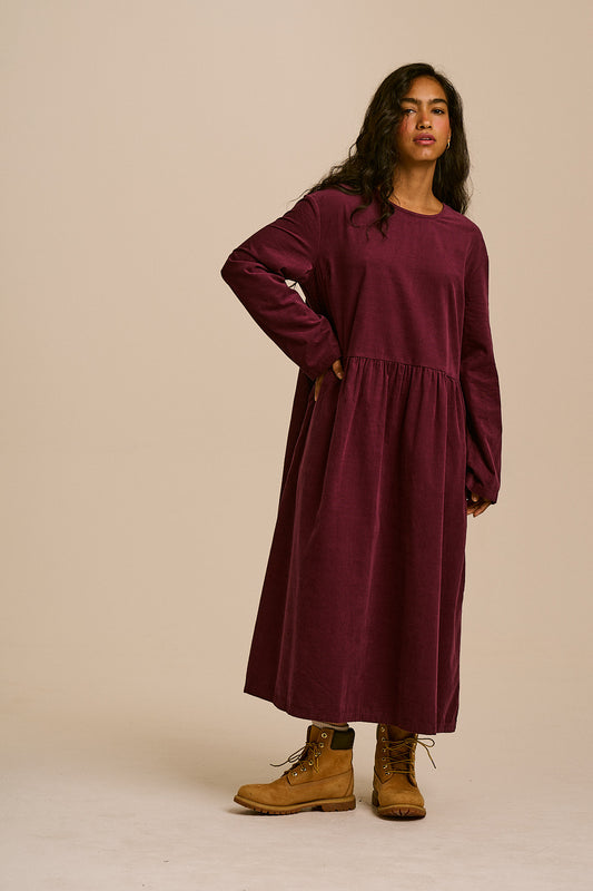 Micah - Organic Corduroy Midi Dress in Grape Wine