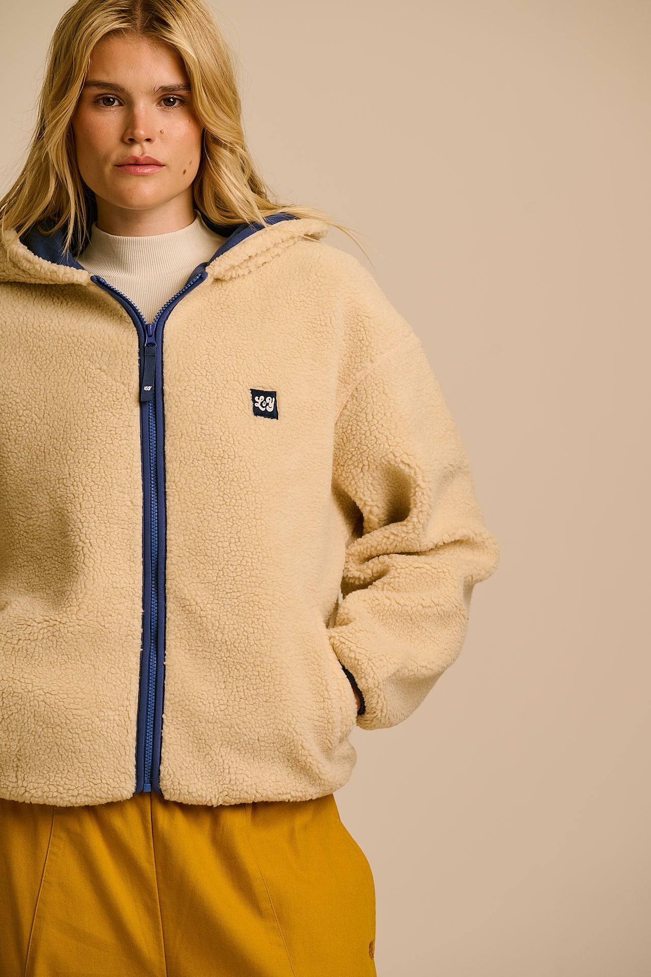 Misha - Borg Fleece Jacket in Cream with Navy Lining