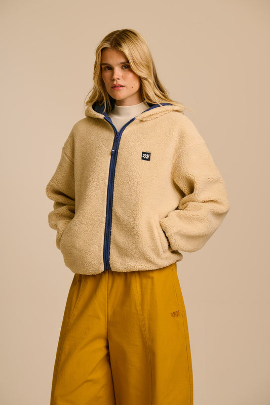 Misha - Borg Fleece Jacket in Cream with Navy Lining