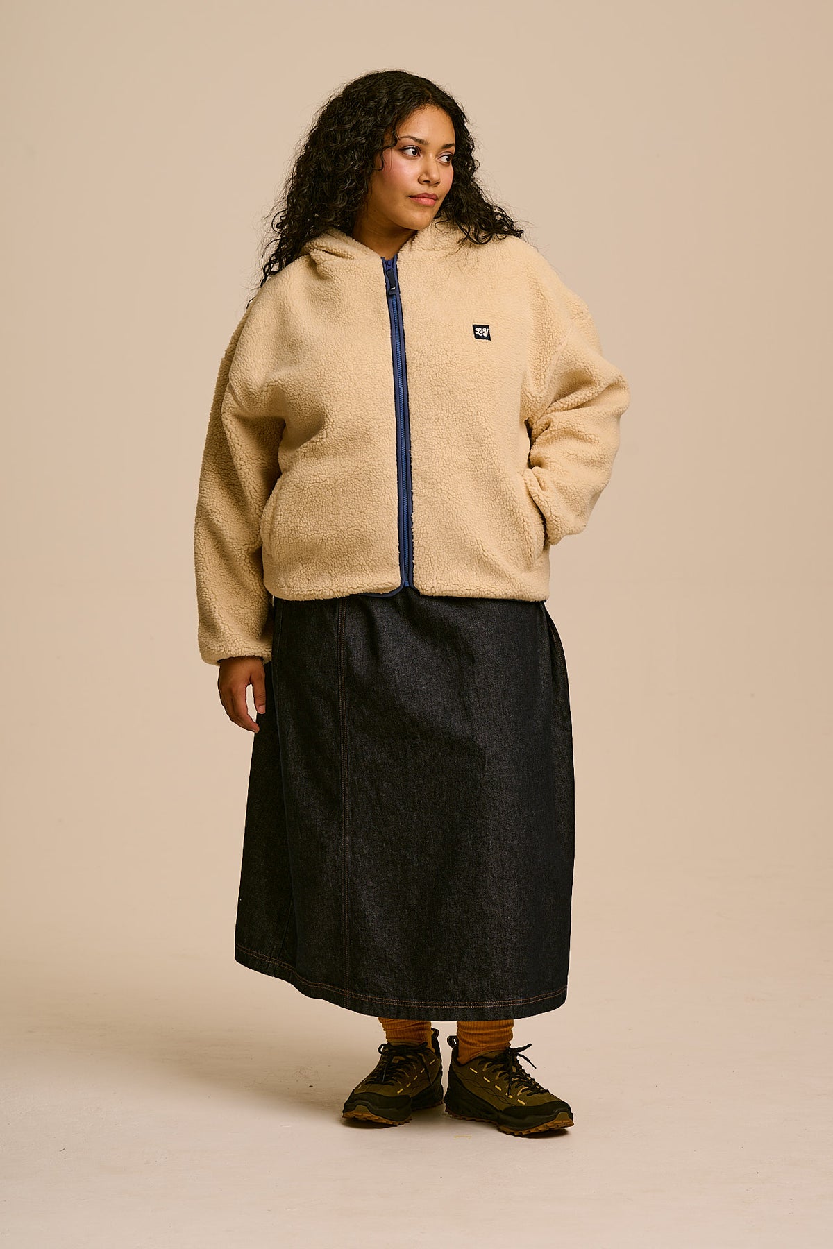 Misha - Borg Fleece Jacket in Cream with Navy Lining