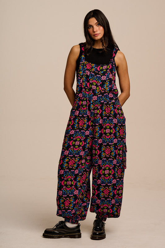 Miyada - Cotton Balloon Leg Dungarees in Blue Artisan Floral Patchwork