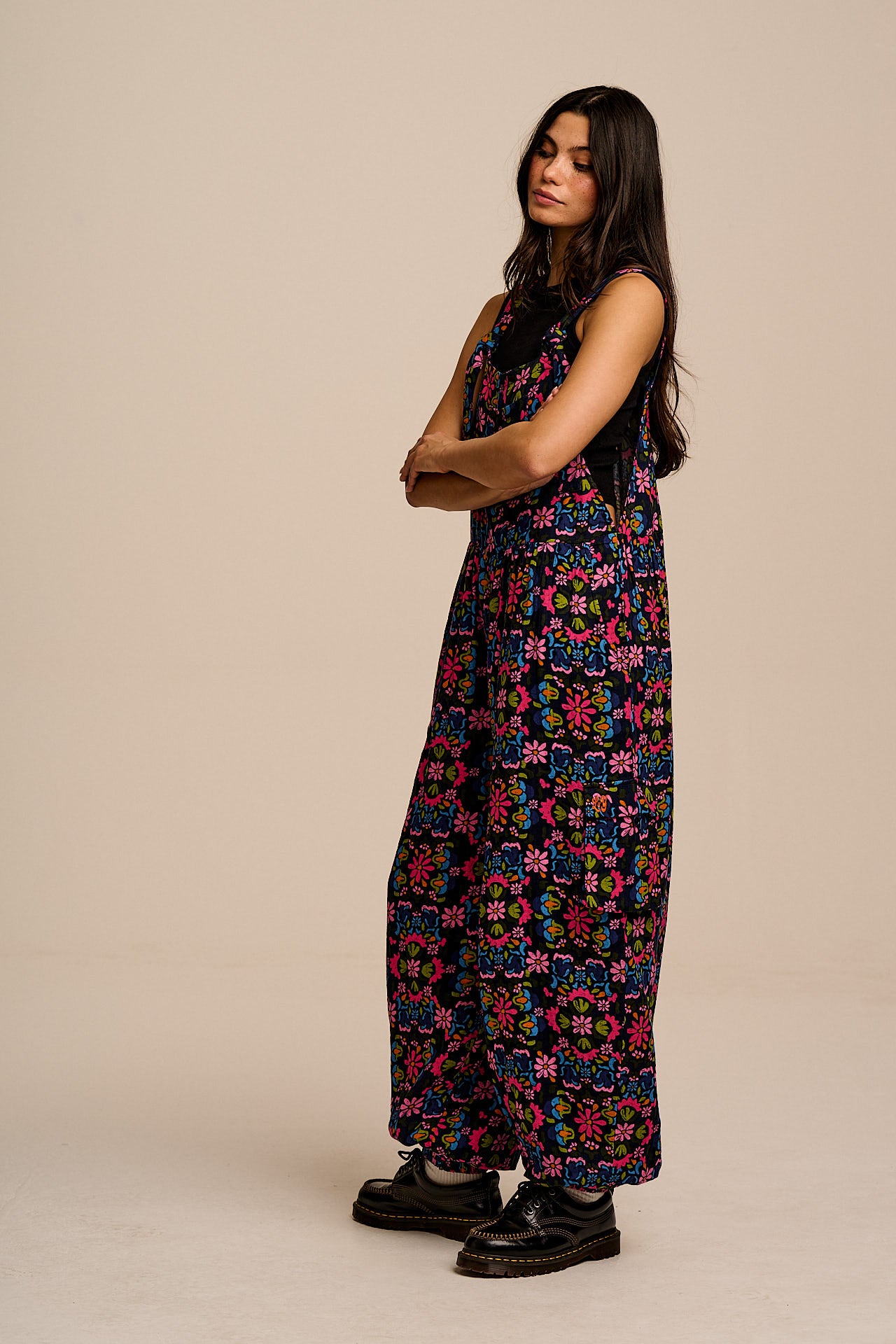 Miyada - Cotton Balloon Leg Dungarees in Blue Artisan Floral Patchwork