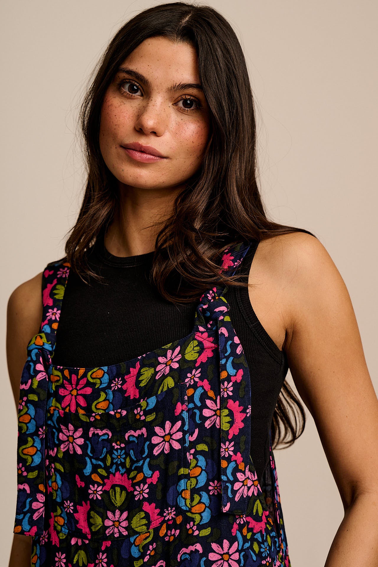 Miyada - Cotton Balloon Leg Dungarees in Blue Artisan Floral Patchwork