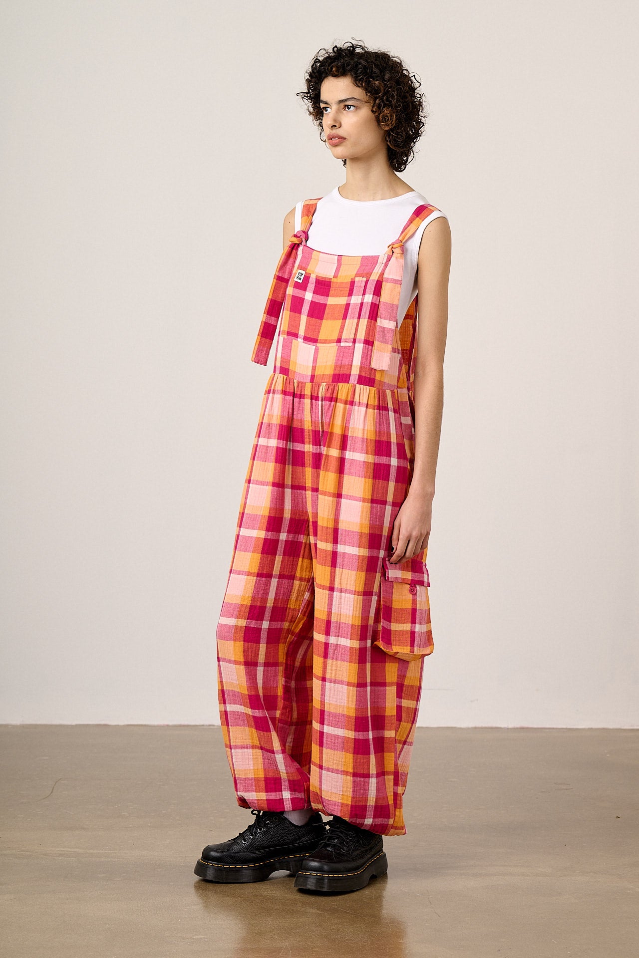Miyada - Cotton Dungarees in Orange & Pink Check