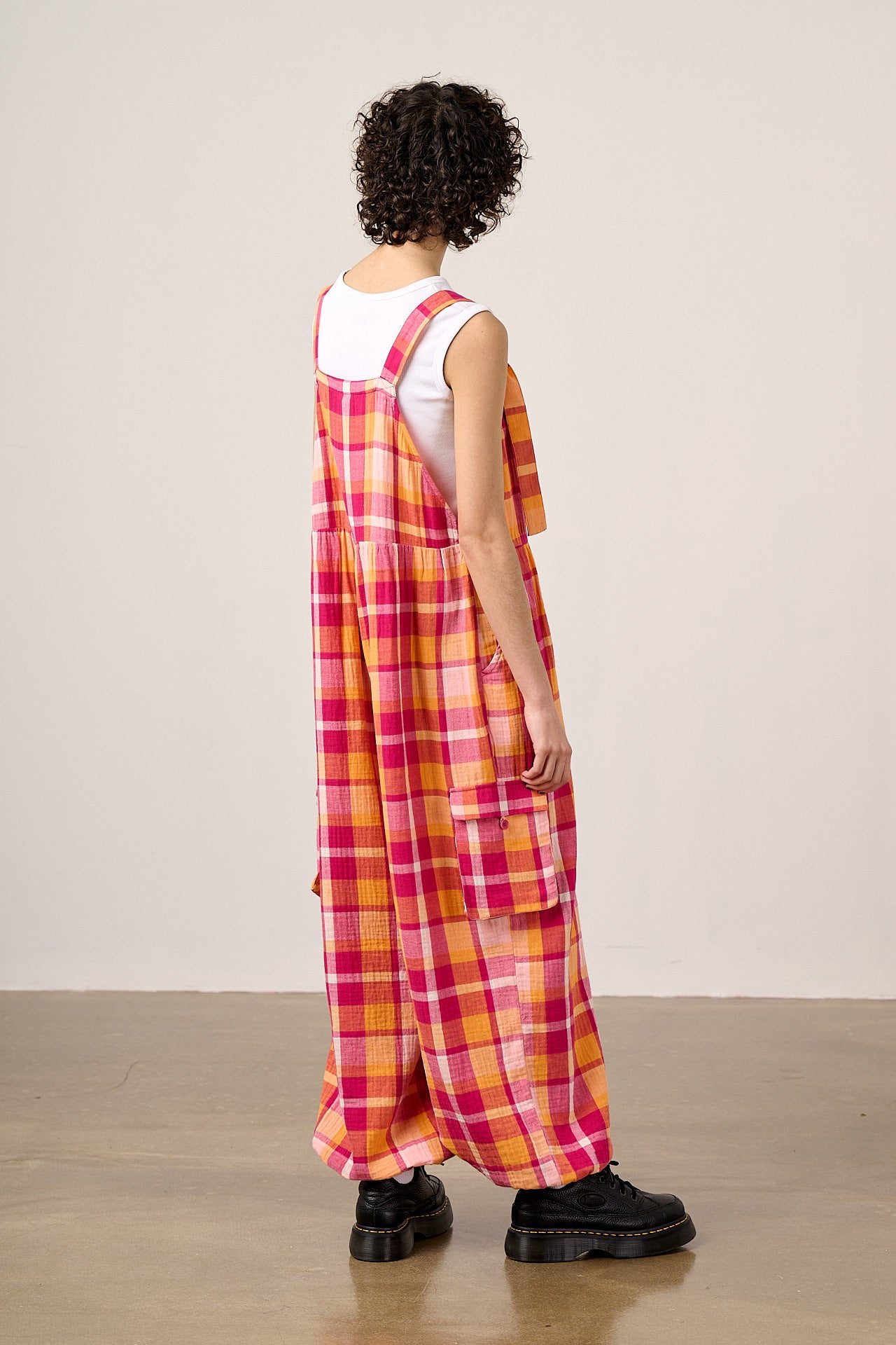 Miyada - Cotton Dungarees in Orange & Pink Check