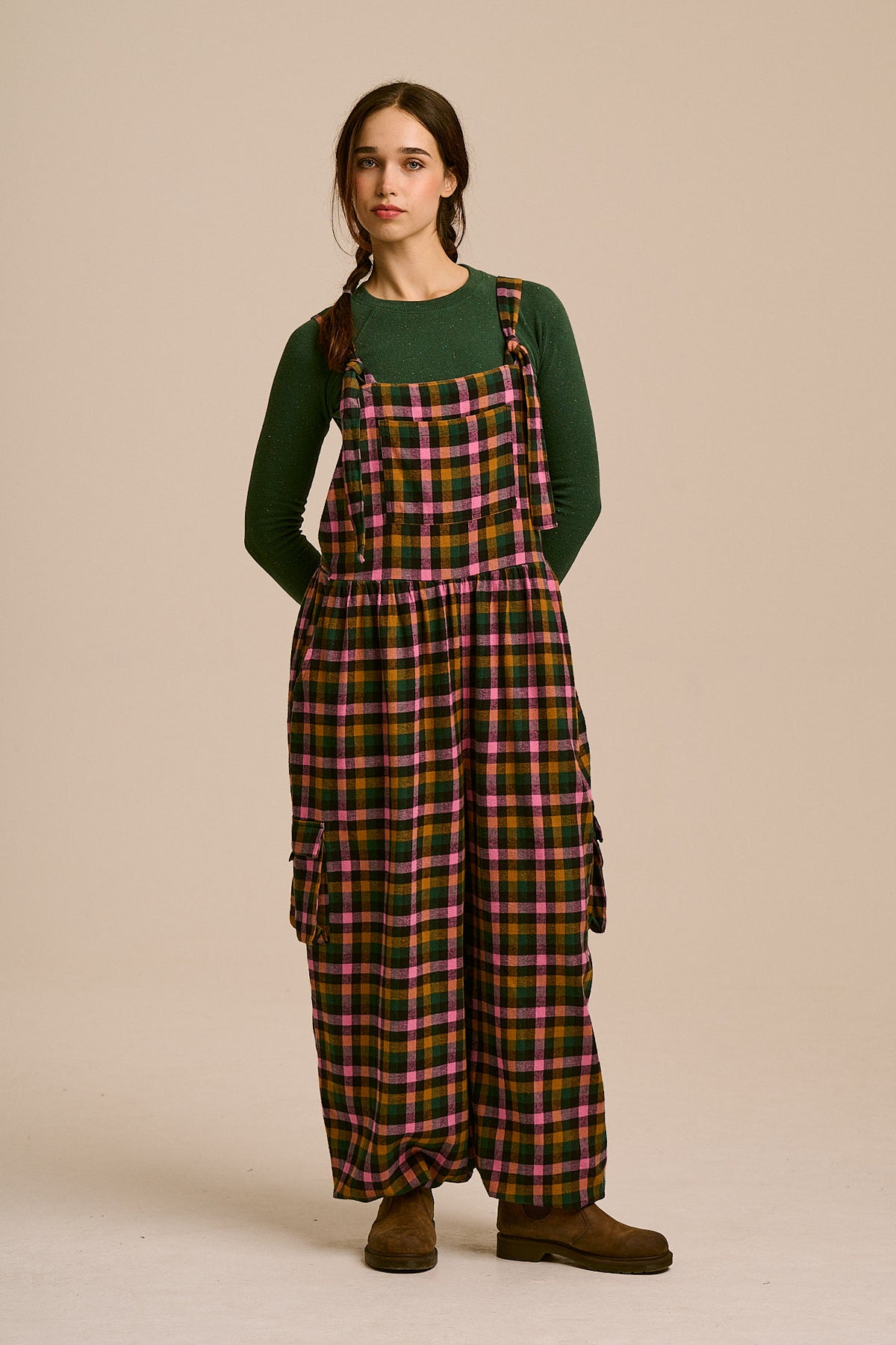 Miyada Cuffed Leg Dungarees - Organic Brushed Cotton in Botanist Gingham