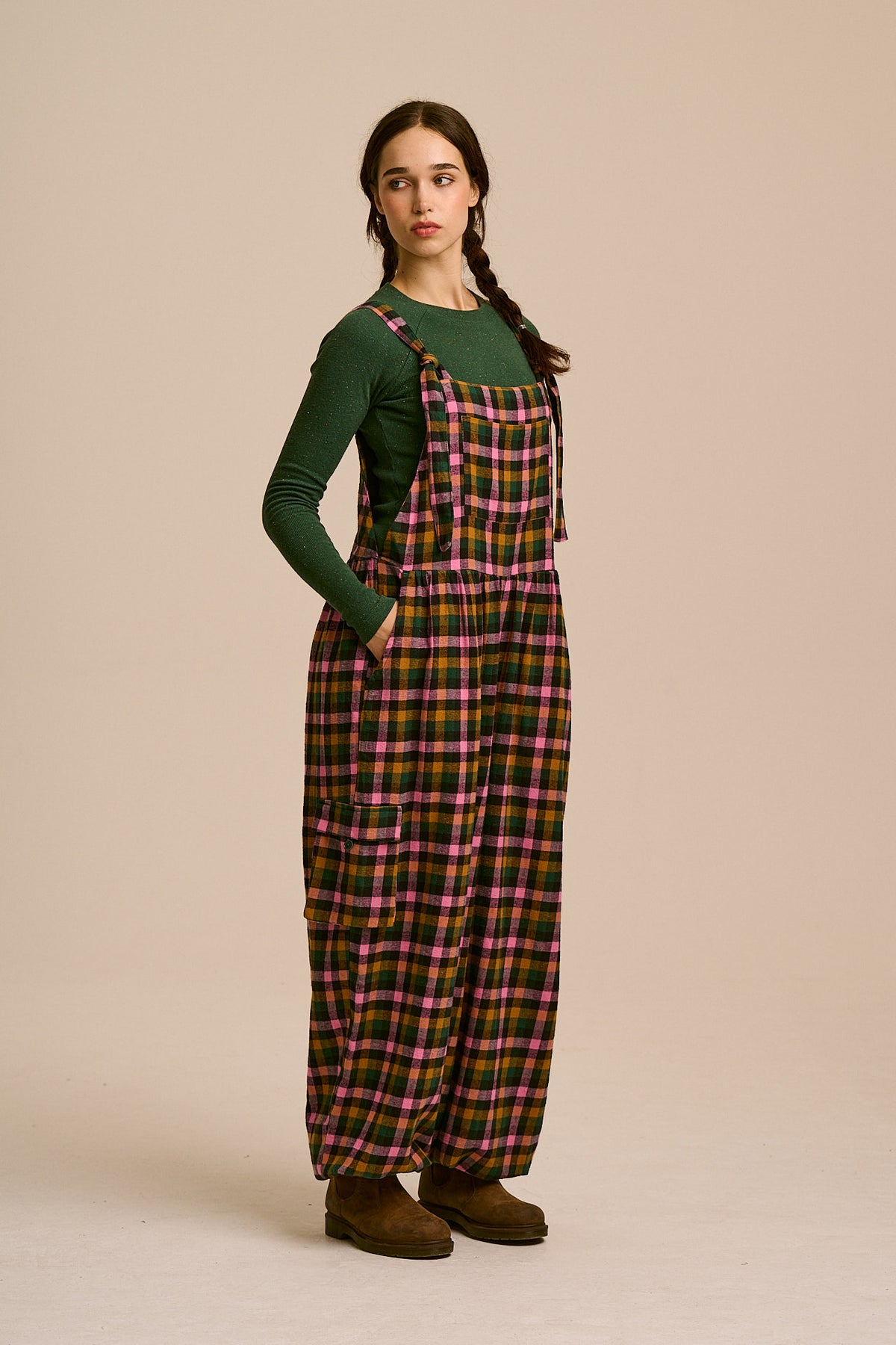 Miyada Cuffed Leg Dungarees - Organic Brushed Cotton in Botanist Gingham