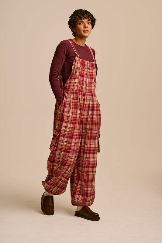 Miyada - Brushed Cotton Dungarees in Pink and Red Check