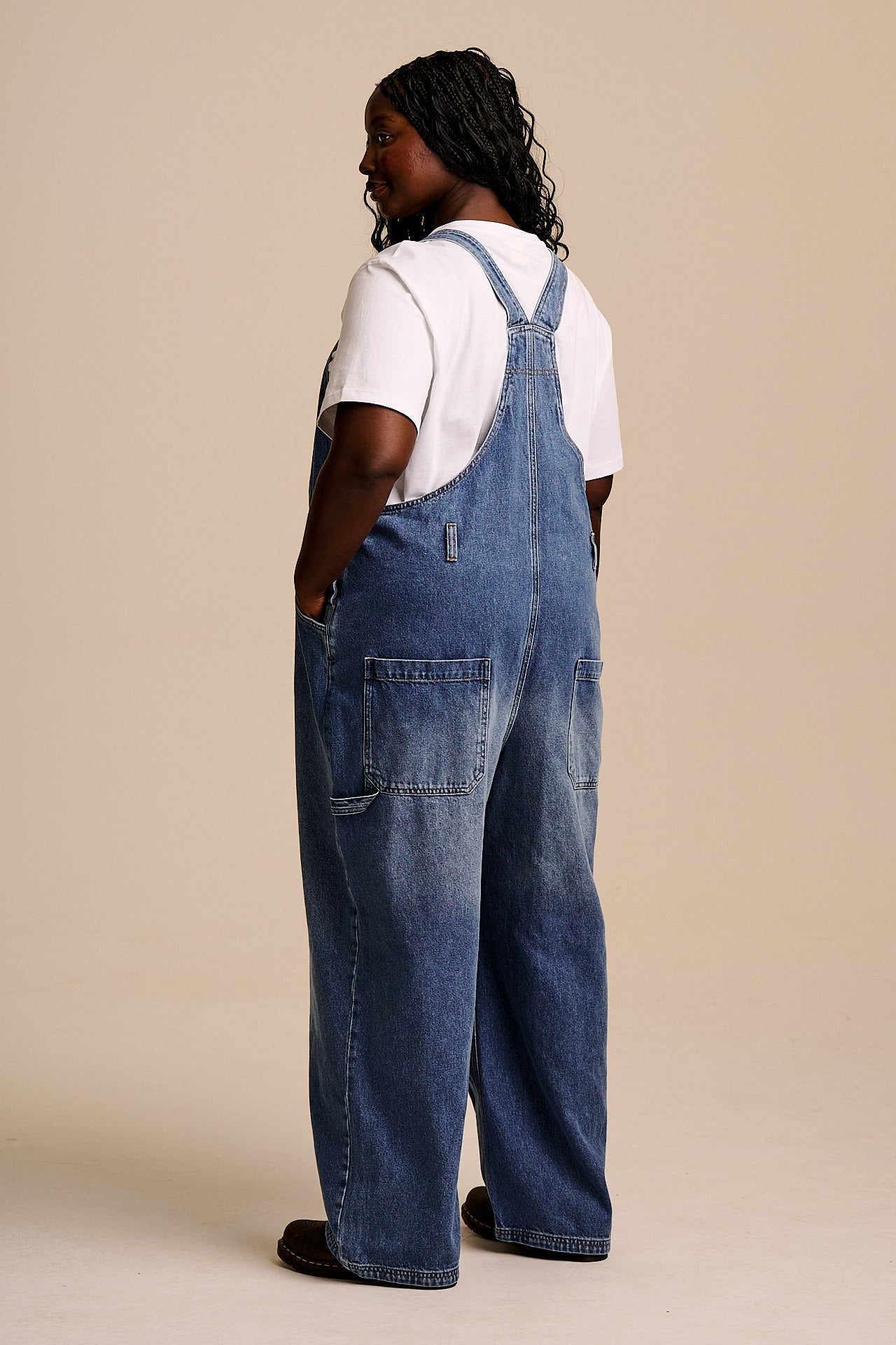 Mullen - Denim Dungarees in Midwash with Metal Clasps