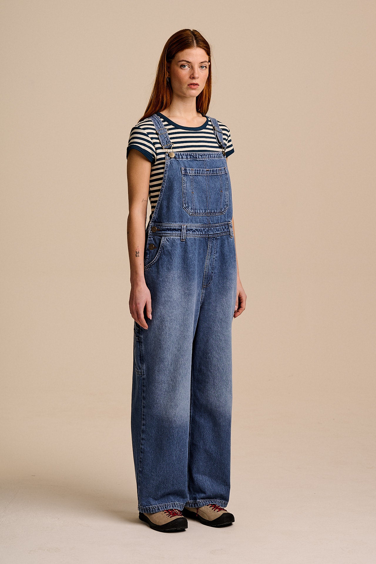 Mullen - Denim Dungarees in Midwash with Metal Clasps