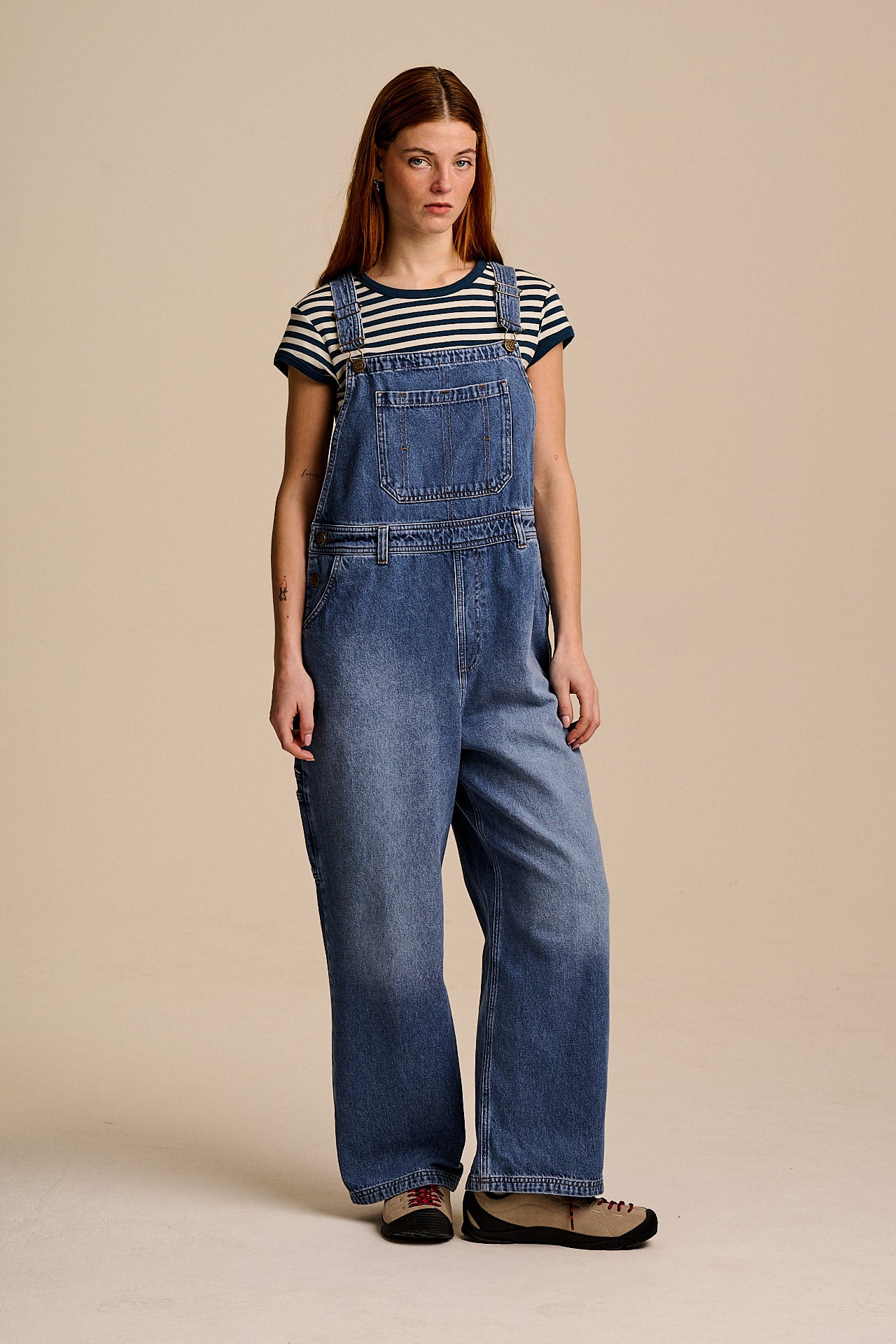 Mullen - Denim Dungarees in Midwash with Metal Clasps