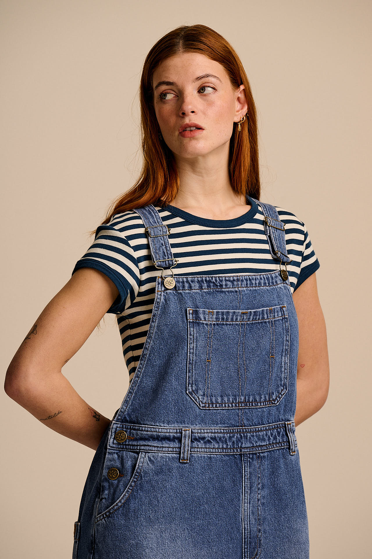 Mullen - Denim Dungarees in Midwash with Metal Clasps