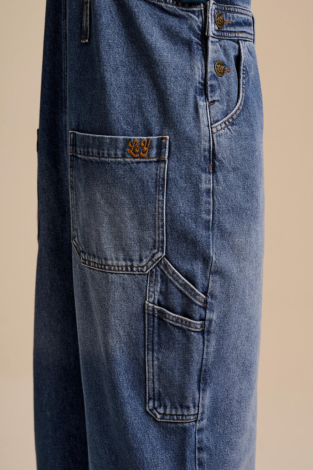 Mullen - Denim Dungarees in Midwash with Metal Clasps