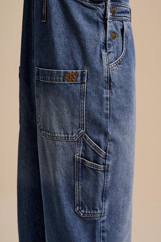 Mullen - Denim Dungarees in Midwash with Metal Clasps