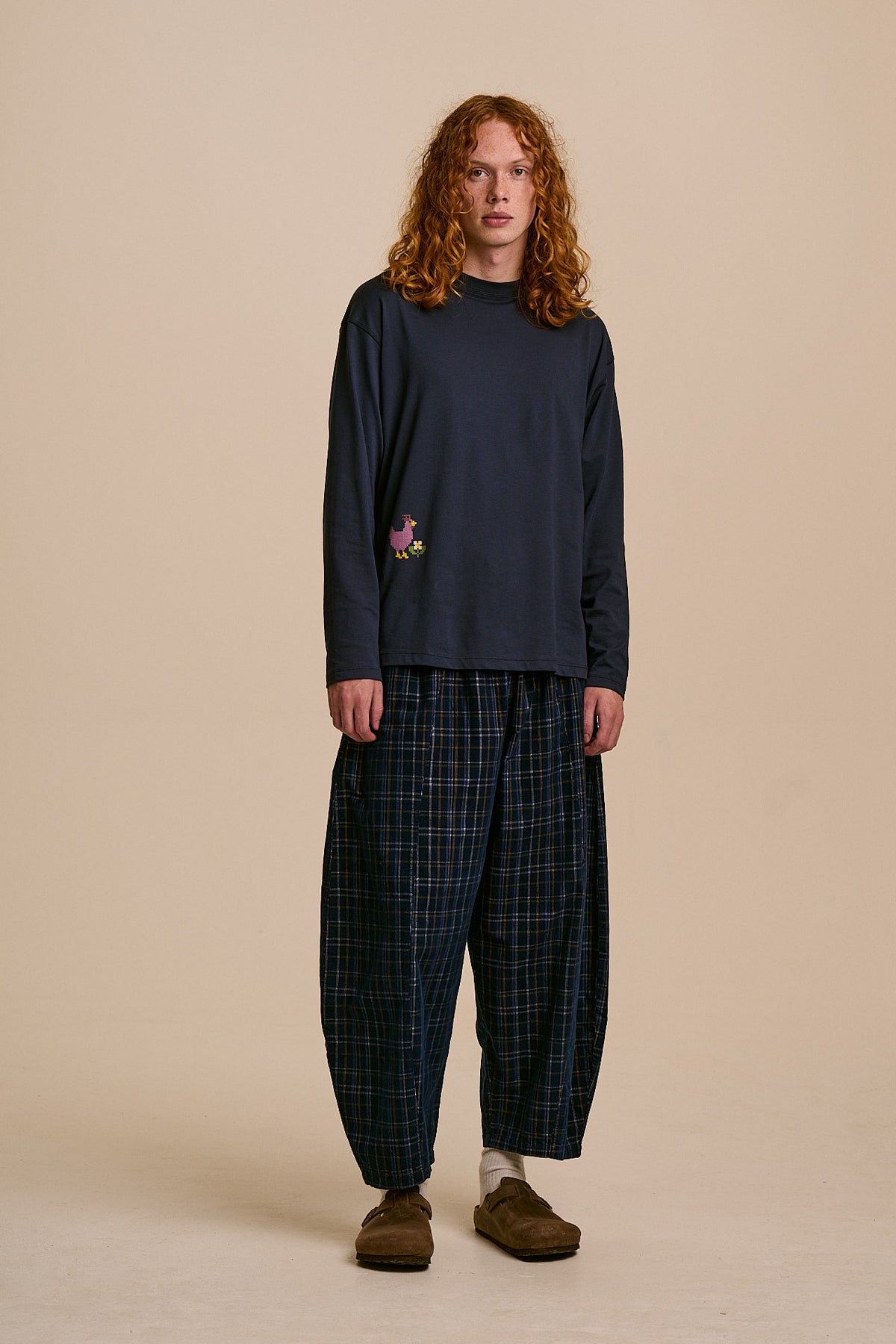 Murat - Long Sleeve Lightweight T-Shirt in Navy Cross Stitch Print
