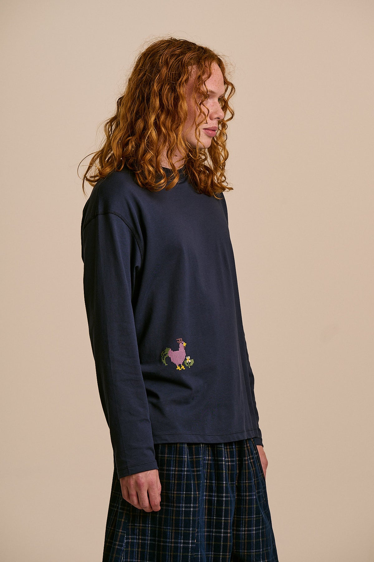 Murat - Long Sleeve Lightweight T-Shirt in Navy Cross Stitch Print