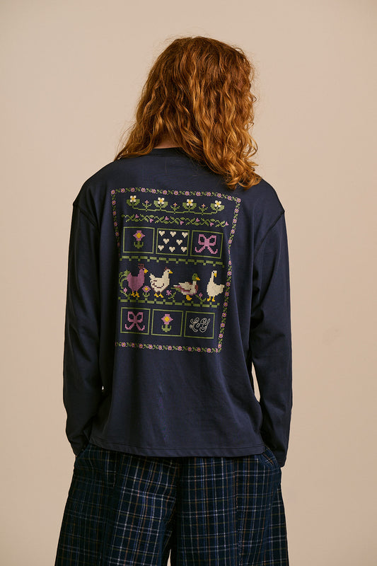 Murat - Long Sleeve Lightweight T-Shirt in Navy Cross Stitch Print