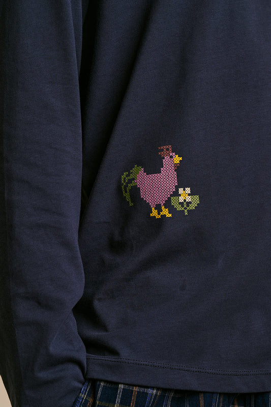 Murat - Long Sleeve Lightweight T-Shirt in Navy Cross Stitch Print