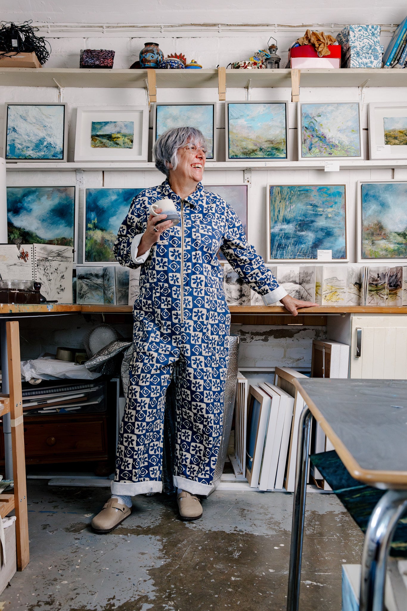 Arendal - Cotton Long Sleeve Jumpsuit in Blue Floral Check Print