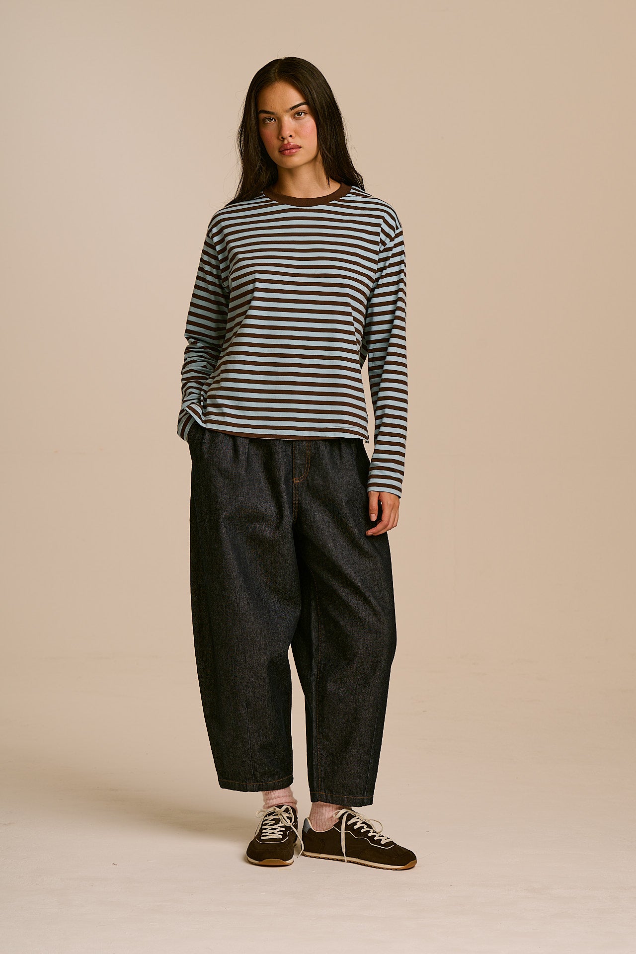 Mysen - Long Sleeve Cotton Top in Chocolate and Blue Stripe