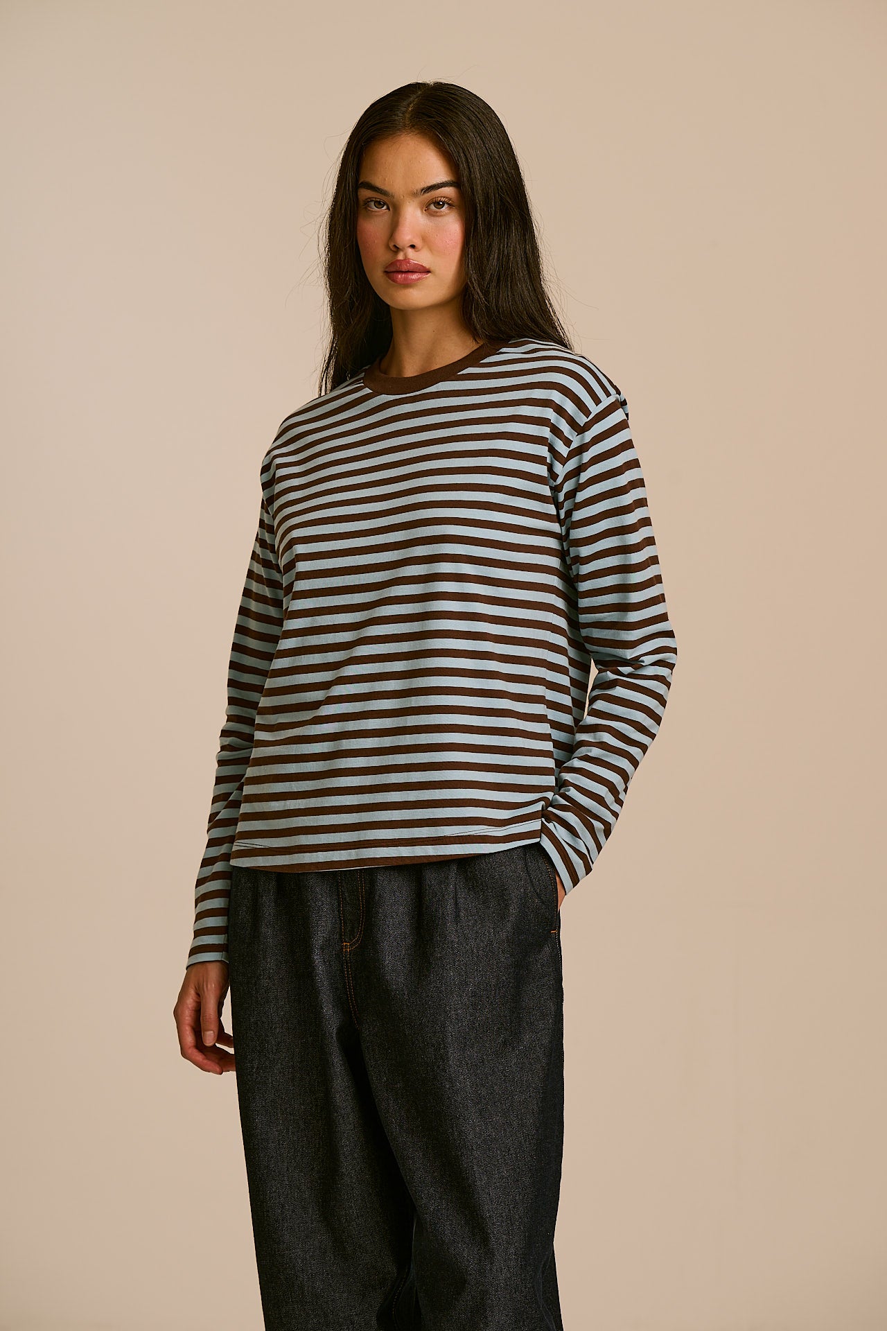 Mysen - Long Sleeve Cotton Top in Chocolate and Blue Stripe