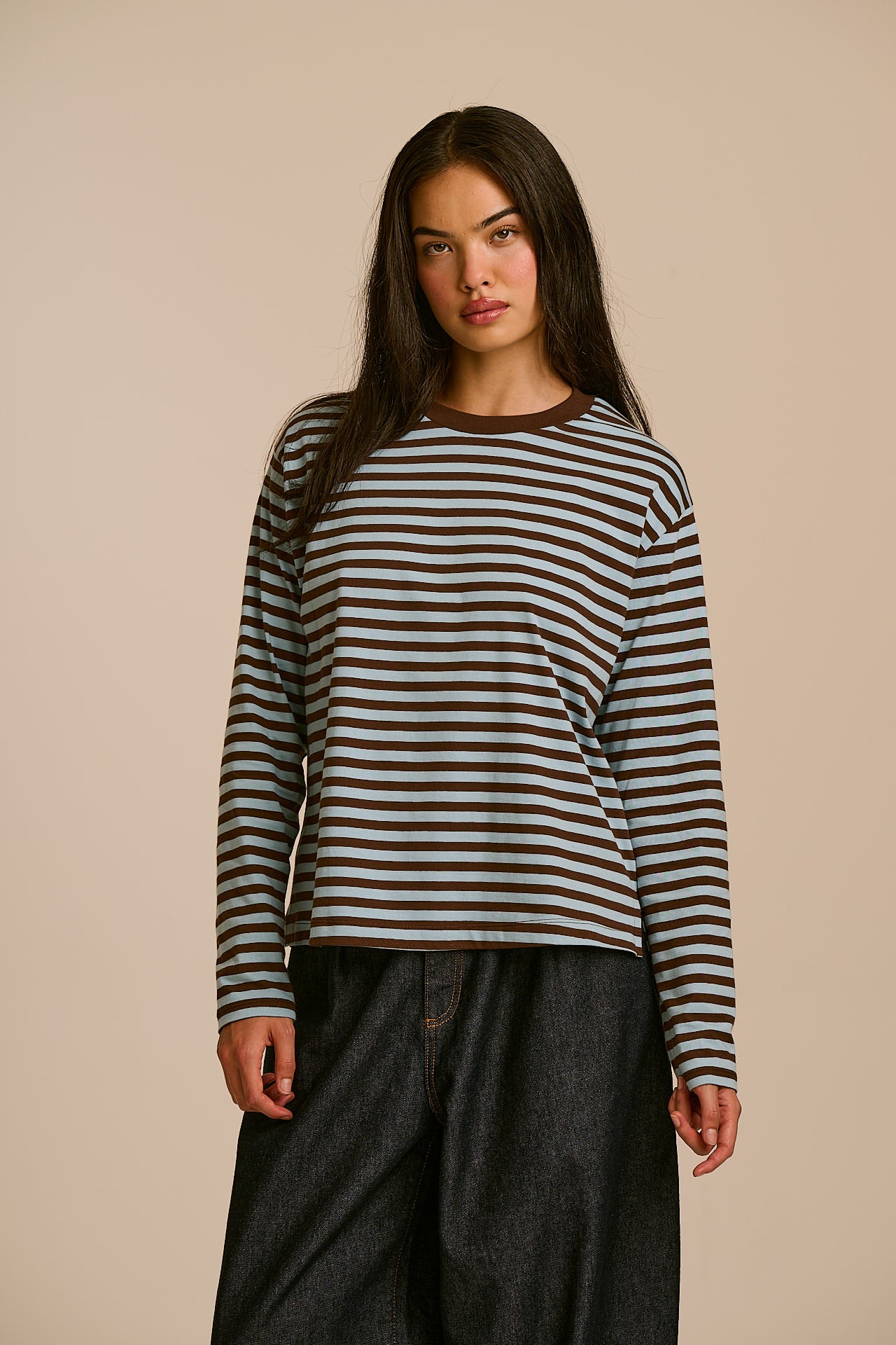 Mysen - Long Sleeve Cotton Top in Chocolate and Blue Stripe