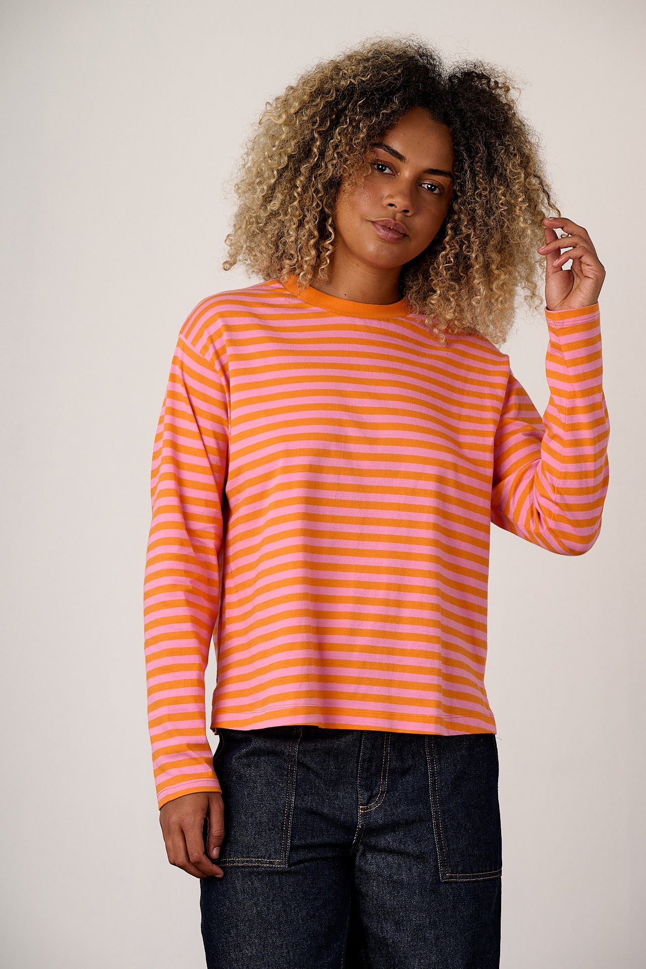 Mysen - Long Sleeve Cotton T-Shirt in Pink & Orange Stripe
