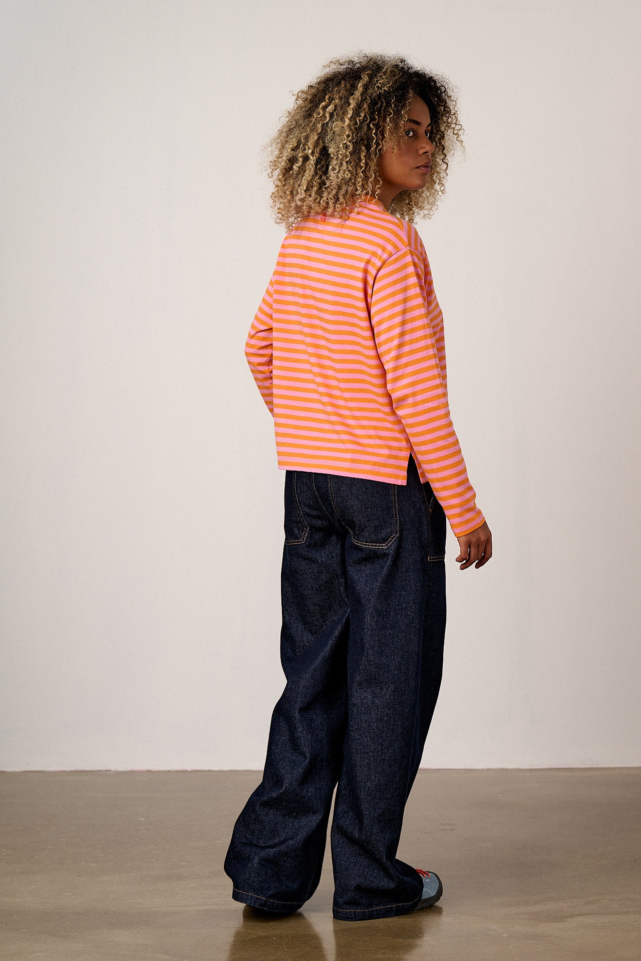 Mysen - Long Sleeve Cotton T-Shirt in Pink & Orange Stripe