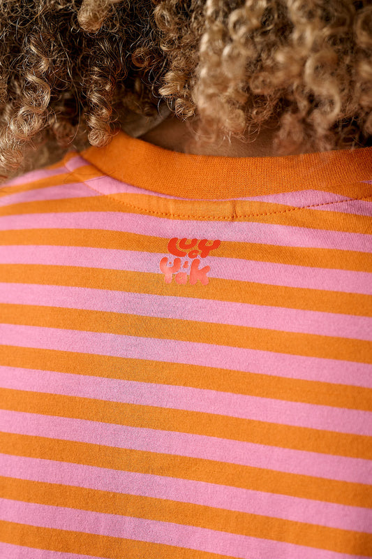 Mysen - Long Sleeve Cotton T-Shirt in Pink & Orange Stripe